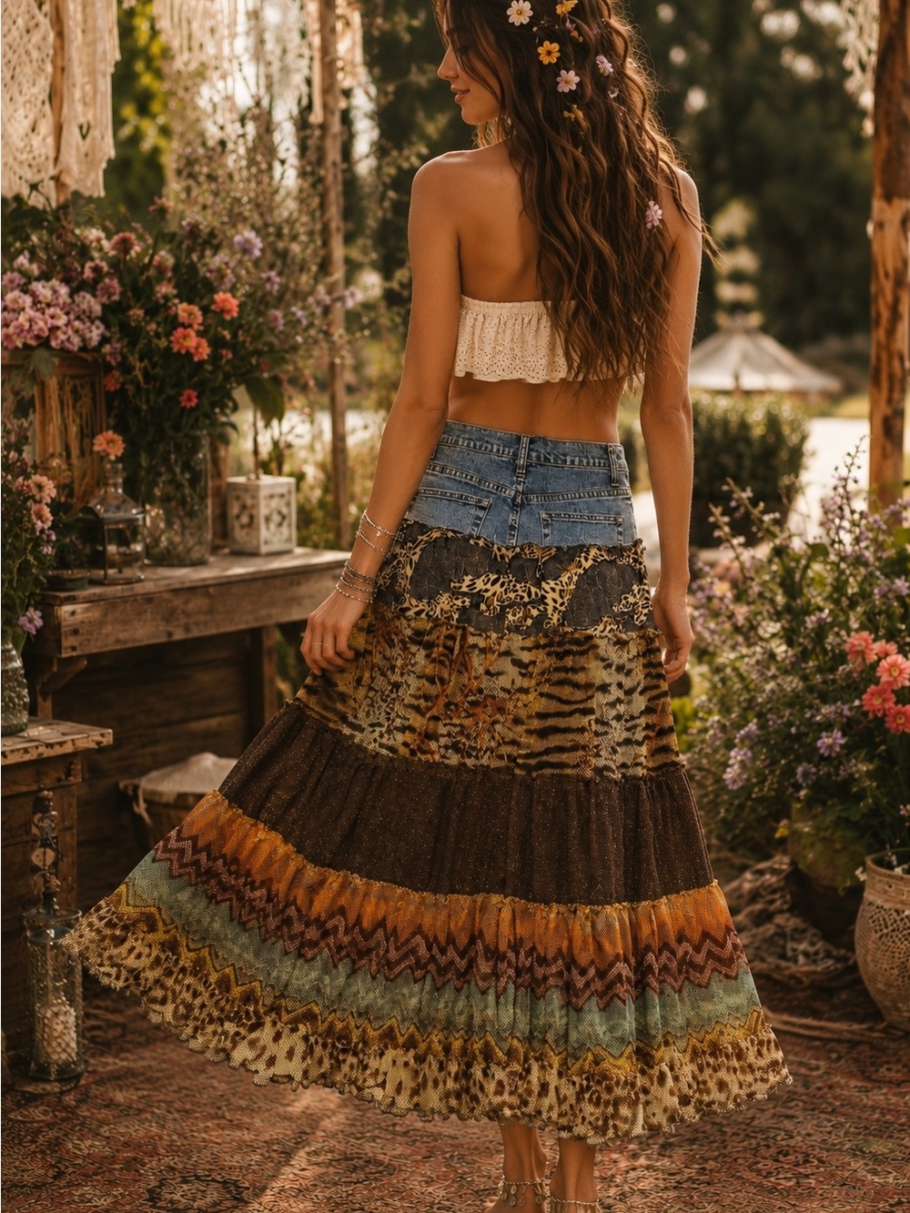 Rare Milana Patchwork Animal Print Boho Maxi Skirt | Denim Waist | Size 4 - Picture 3 of 11